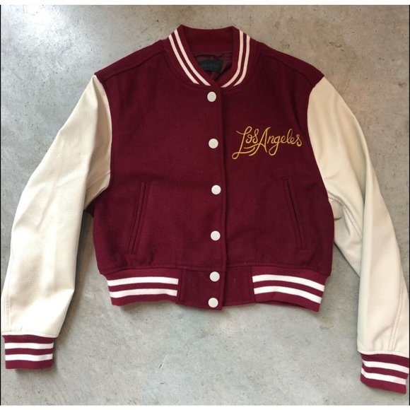 KENDALL + KYLIE | Los Angeles Letterman Varsity Jacket in Burgundy Red - Picture 1 of 9